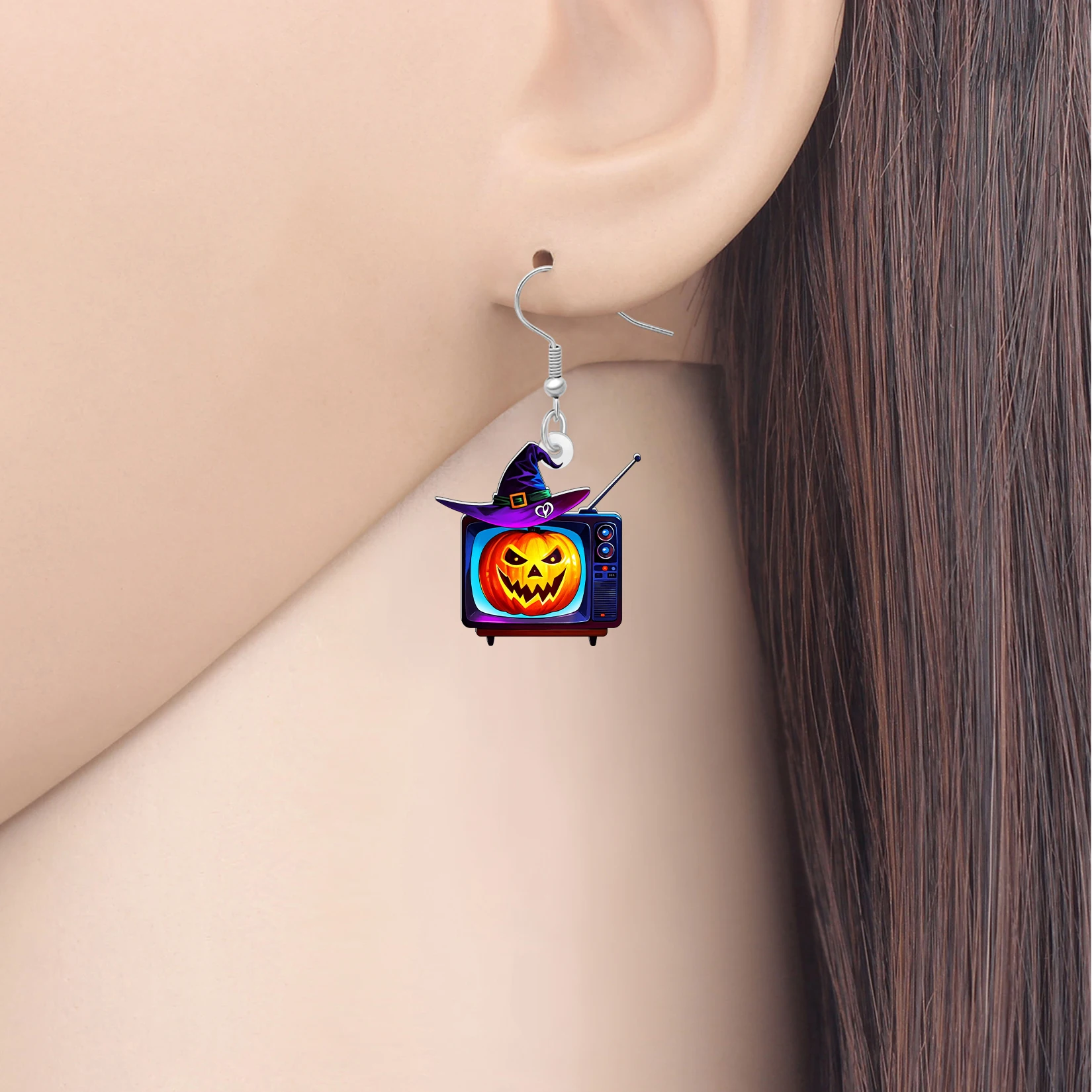 BONSNY Acrylic Halloween Gifts Pumpkin TV Earrings Witch Hat Screen Retro Television Dangle Costume Jewelry Charms For Women Mom