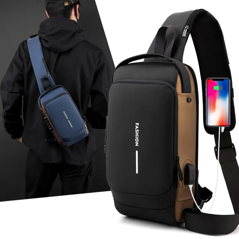 Men's Anti-Theft Password Lock Chest Bag Durable Fabric Adjustable Shoulder Strap Fashion Motorcycle Leisure Sport Crossbody Bag