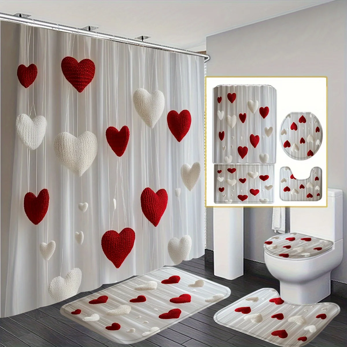

4 шт., домашний декор, декор для ванной комнаты с принтом сердца, занавеска для душа с крючками, нескользящий коврик для ванной комнаты, U-образный коврик, чехол на сиденье унитаза
