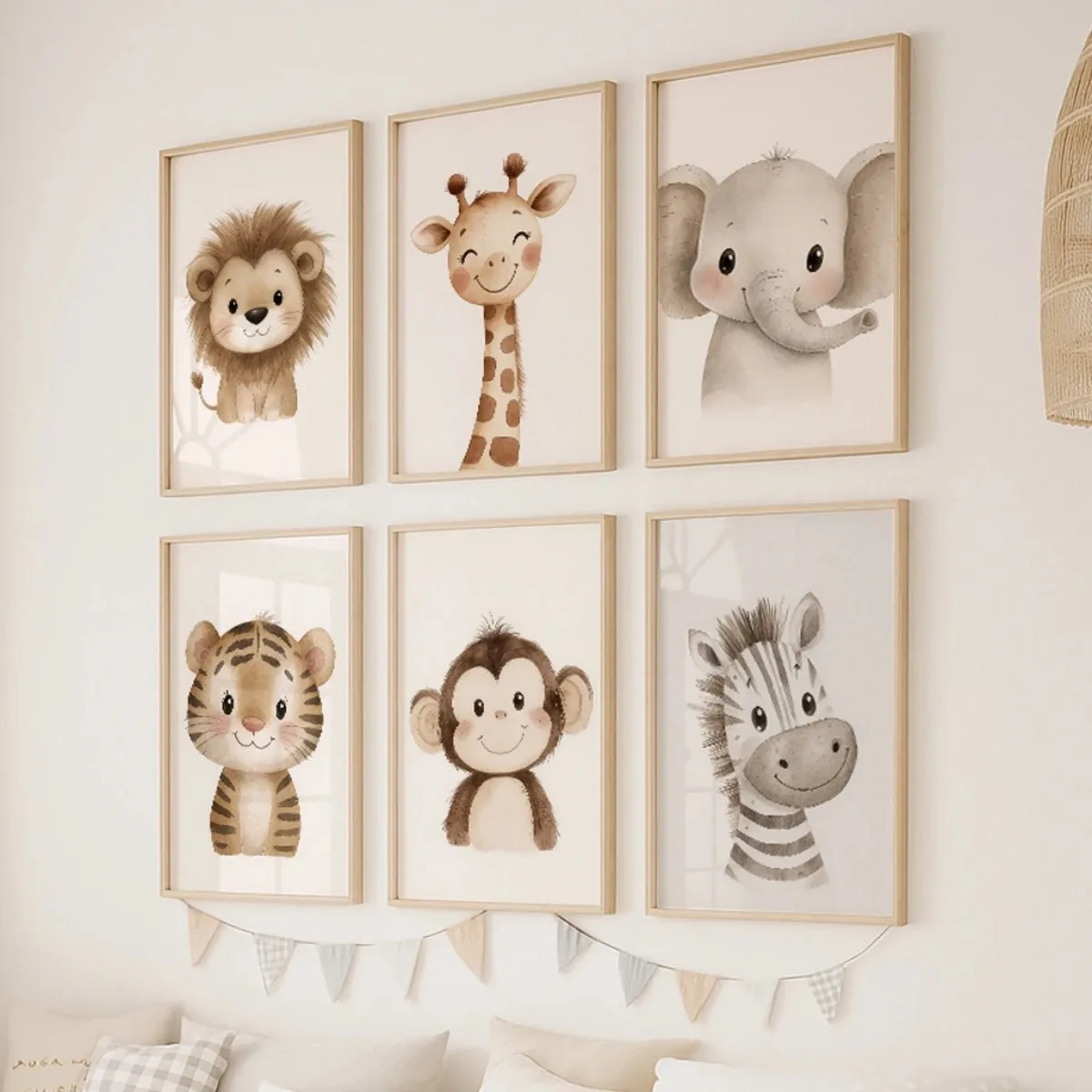 6pcs/set Cartoon Cute Animal Canvas Print Modern Jungle Lion Giraffe Elephant Monkey Tiger Zebra Art Prints Nursery Home Decor