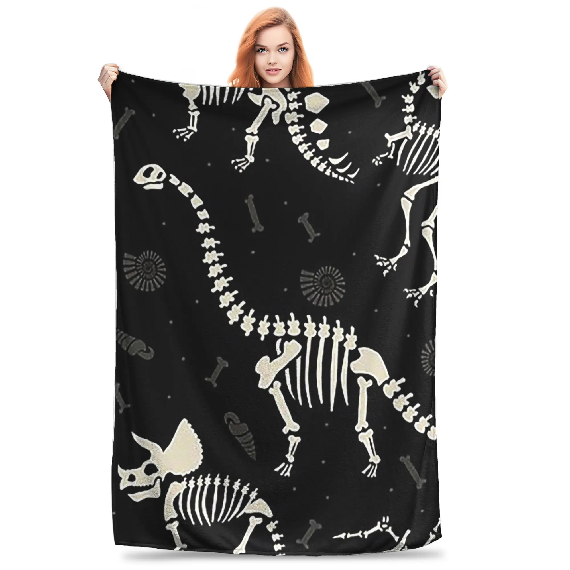 

Dinosaur Fossils in Black Blankets Soft Warm Flannel Throw Blanket Bedding for Bed Living room Picnic Travel Home Couch