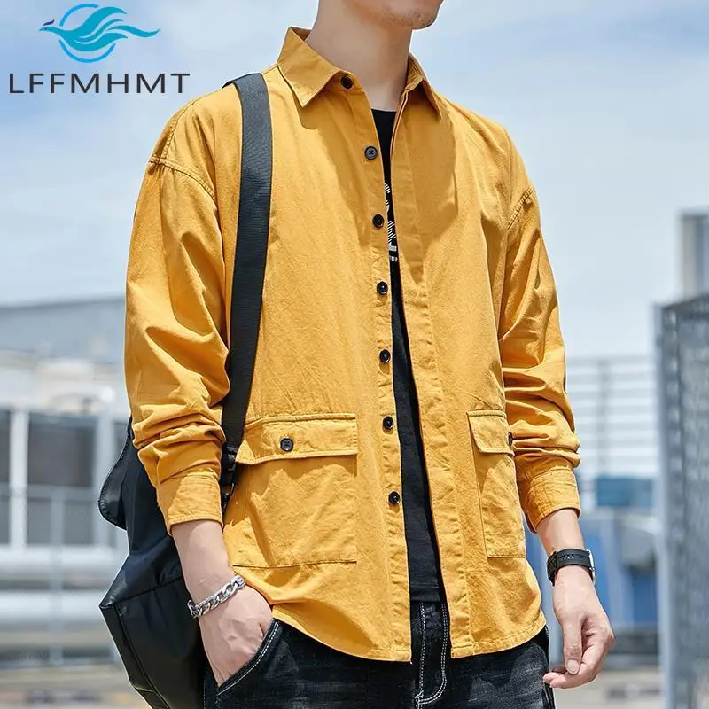362 Spring Summer Fashion Men's Casual Shirt Multi-pocket Long Sleeve Solid Color Simple Basic Daily Blouse Youth Teens Coats