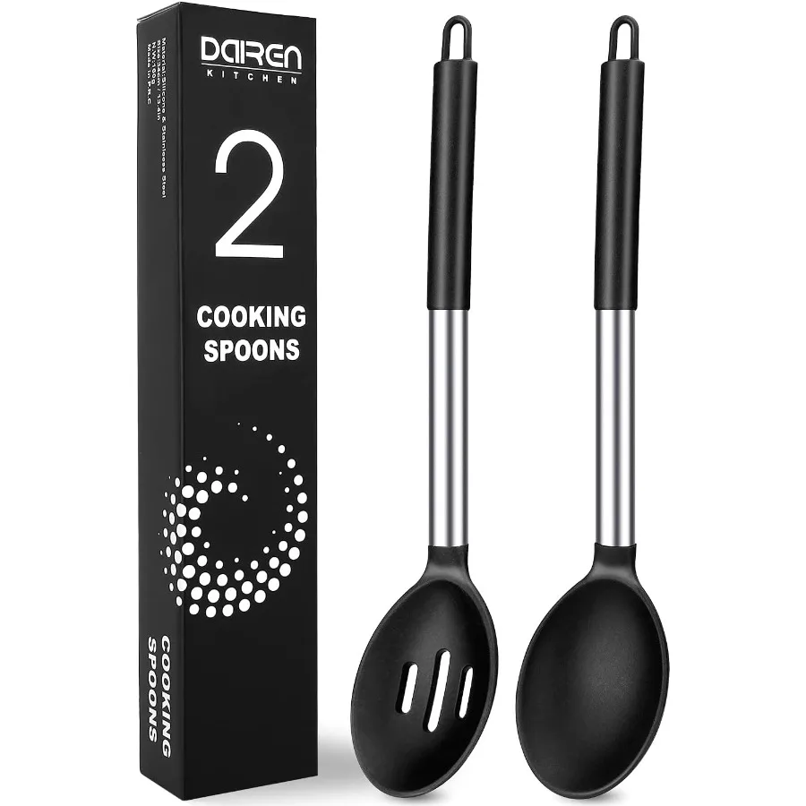 

Pack of 2 Large Silicone Cng Spoons Non-Stick Stainless Steel Slotted and Solid Spoon Set for Serving Mixing Draining Heat Resi