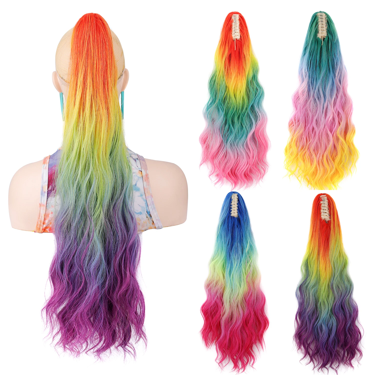 Jeedou Ponytails Rainbow Ombre Color Ponytail Hair Extension Claw Clip On Pony Tail Long Wavy Synthetic Hairpiece Cosplay Wigs