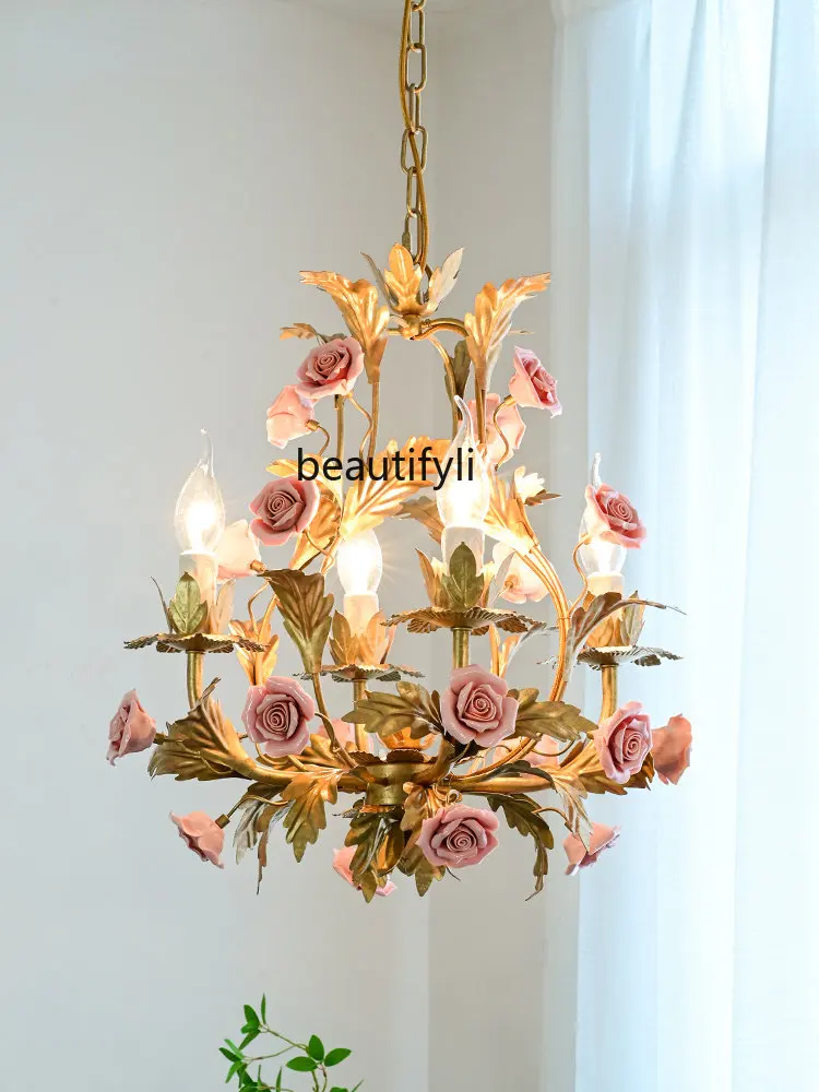 zqFrench Pastoral Guest Restaurant Chandelier Rose Clothing Store Candle Light American Retro Children's Room Bedroom Light