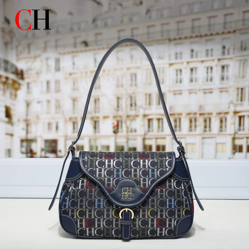 CH Women Vintage Hobo Bag Multi purpose Canvas PU Leather Shoulder Bag Colorful CH Print Underarm Bag for Daily Use