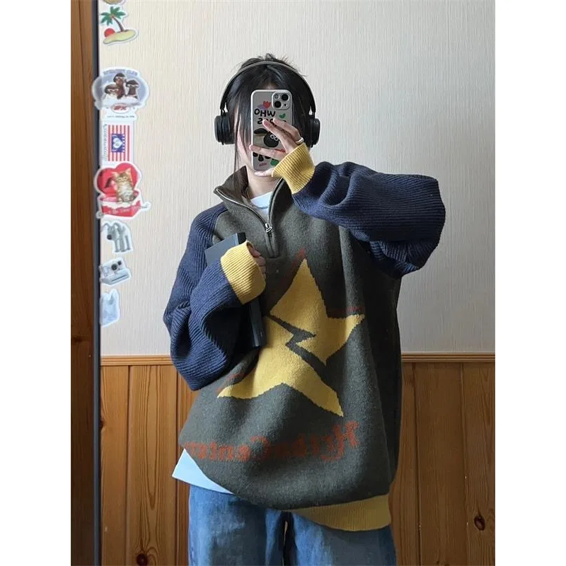 

Deeptown Y2k Vintage Women Sweater Embroidery Patchwork Harajuku Pullover Contrast Color Grunge Knitwear Loose Autumn Streetwear