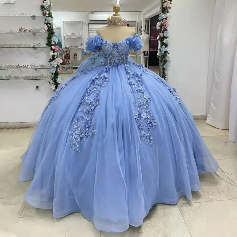 Attractive Sky Blue Quinceanera Dresses Illusion  Off the Shoulder Ball Gowns for Teens Sweet Princess Corset Party Dress