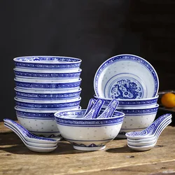 10pcs Jingdezhen Blue and White Porcelain Ceramic Bowl Underglaze Color Tableware Noodle Bowls Vintage Dragon Rice Bowls Kitchen