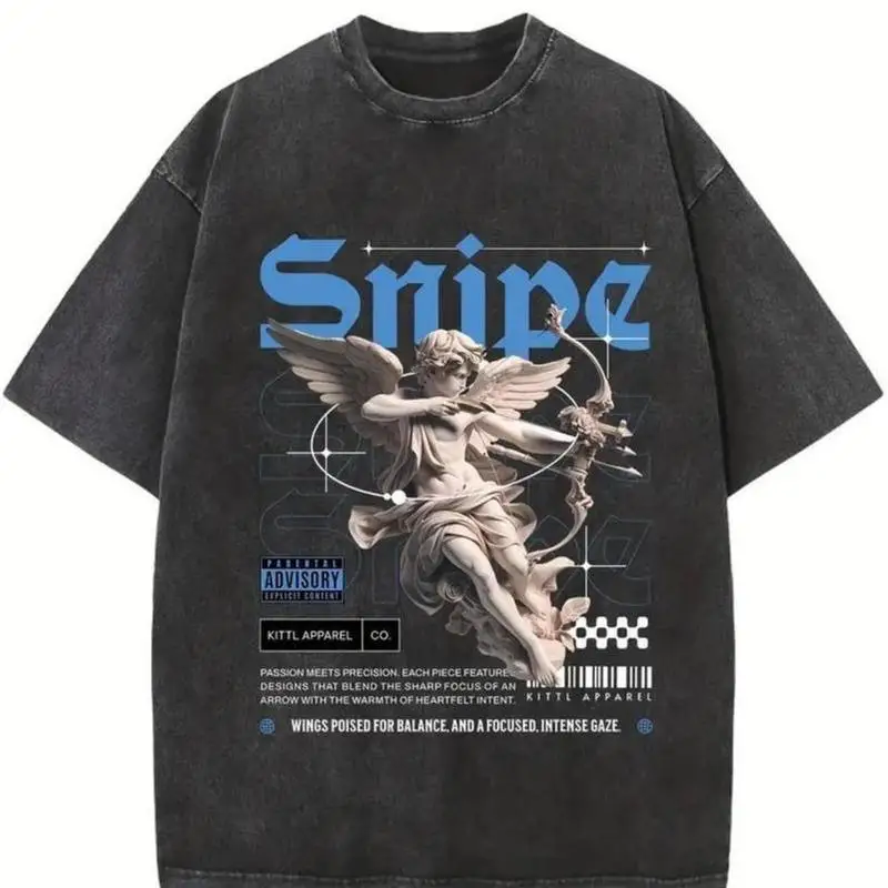 

【100% Cotton】Cotton Vintage Acid Wash Oversized T-Shirt | Archangel Archery Graphic Retro Hip Hop Drop Shoulder Tee for Men & Wo