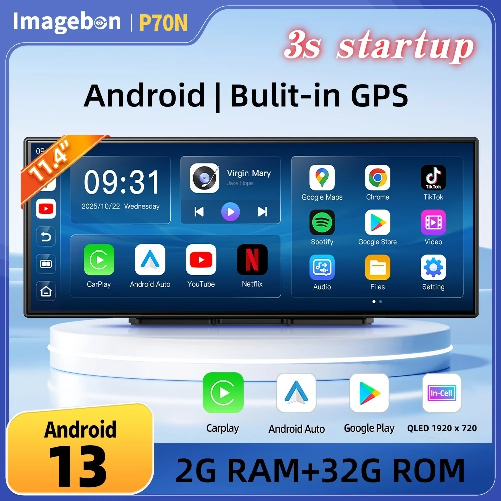 Imagebon P70N Eingebautes GPS-Navigationssystem 11,4" QLED-Bildschirm Android-System Dashcam Kabelloses Carplay Android Auto Auto-DVR-Brille