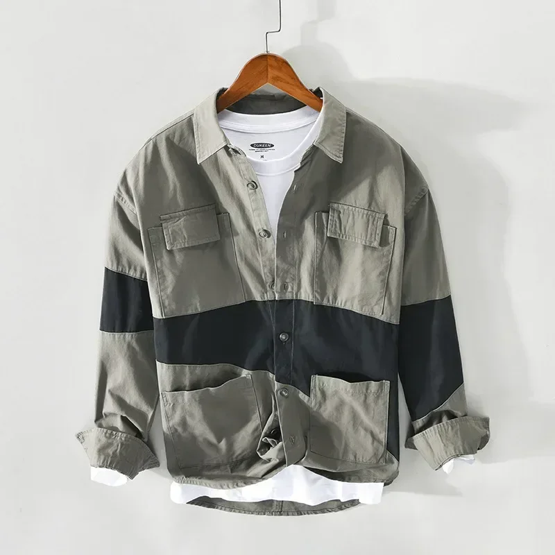 Japanese Style Cargo Shirt Men Pure Cotton Casual Mens Long Sleeve Shirt Multi Pockets Patchwork Loose Shirts Fashion Overshirt