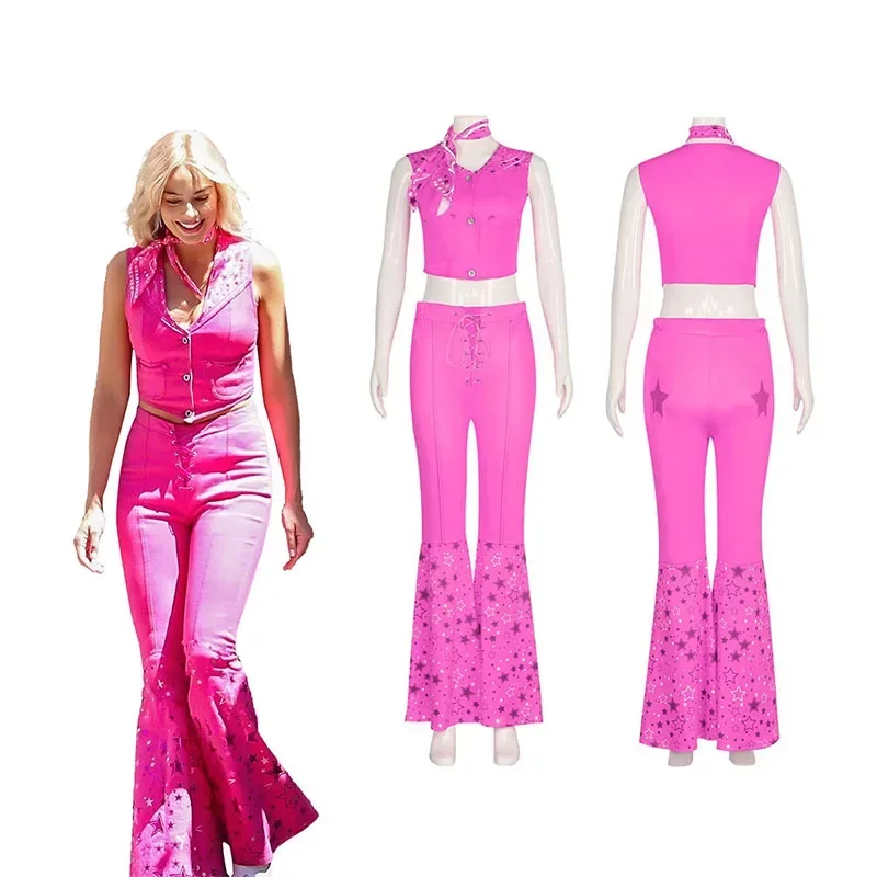 Movie Margot Robbie Barbie Costume Sexy Starry Pink Vest Top Pants Scarf Suit for Women Ladies Halloween Party Clothes