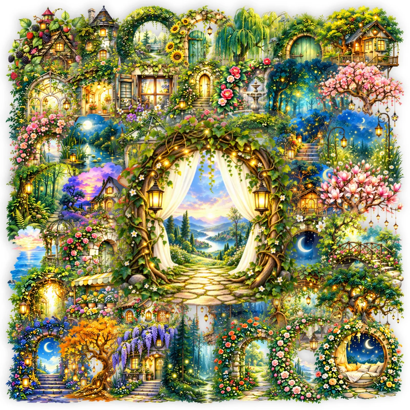 50 PCS HD Magic Forest Elf Wooden House Mushroom House Transparent Waterproof Stickers Decorate Pencil Case Hand Account