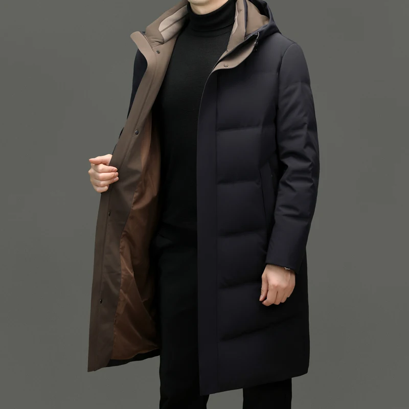 Casual 2026 Winter Men's Over Knee Long Hooded Duck Down Jackets Outwear Warm Windproof Puffer Coats Thicken Padded Top Parkas