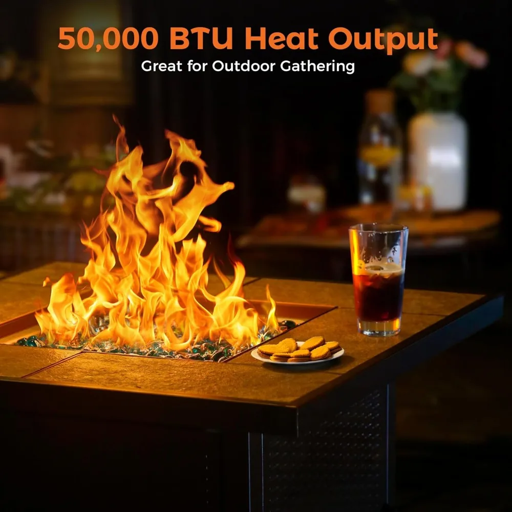 طاولة حفرة نار غاز البروبان الخارجية المربعة مقاس 32 بوصة بقدرة 50,000 وحدة حرارية بريطانية للفناء، بني، مثالية لتجمعات الفناء الخلفي #5