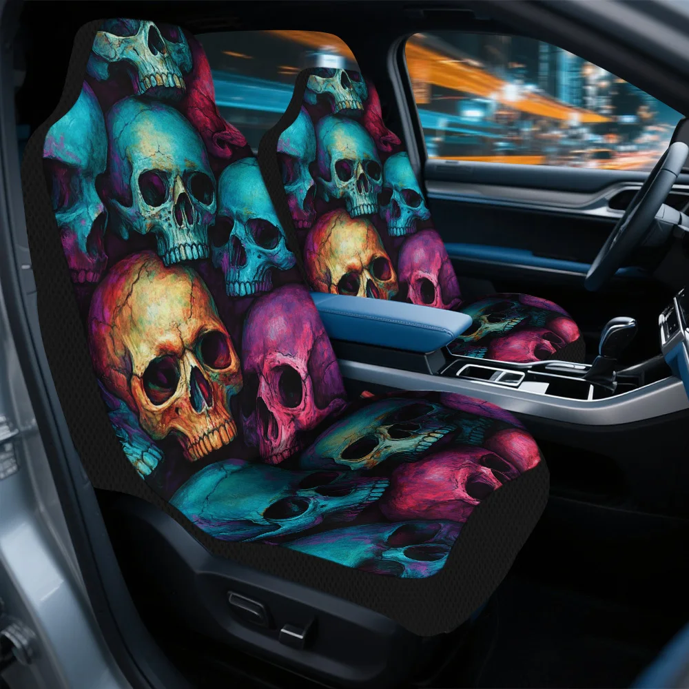 Set Of 2, Eye-Catching Skull Design Car Seat Covers – Trendy Complete Set For Two Front Seats, Fits Most Vehicles, Sturdy, Premi
