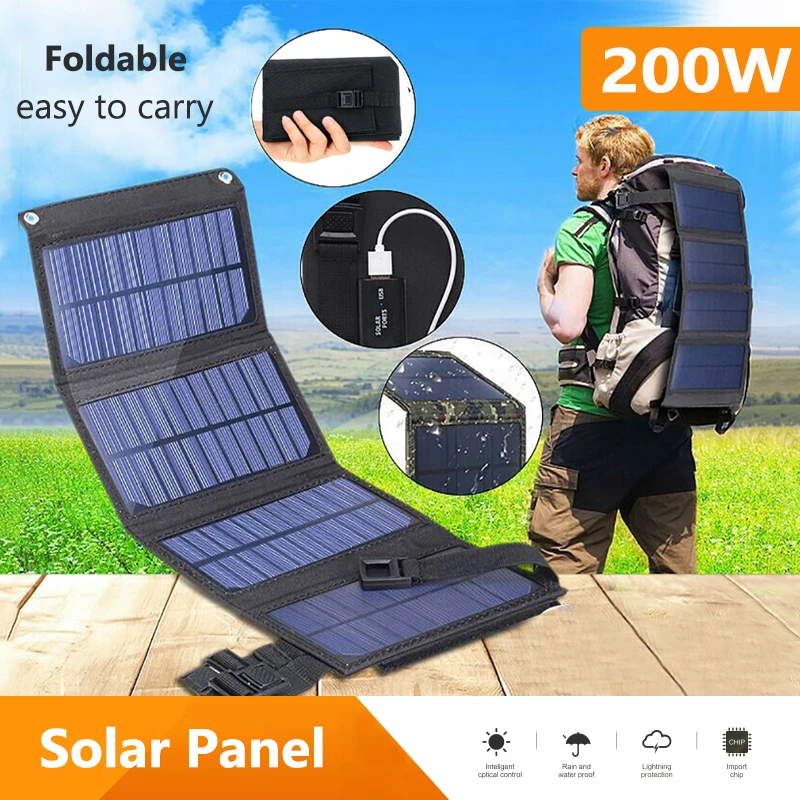 200W 5V Foldable Portable Solar Panel Mobile Electronic Product Power Bank Outdoor Waterproof USB Camping And Hiking Accessories