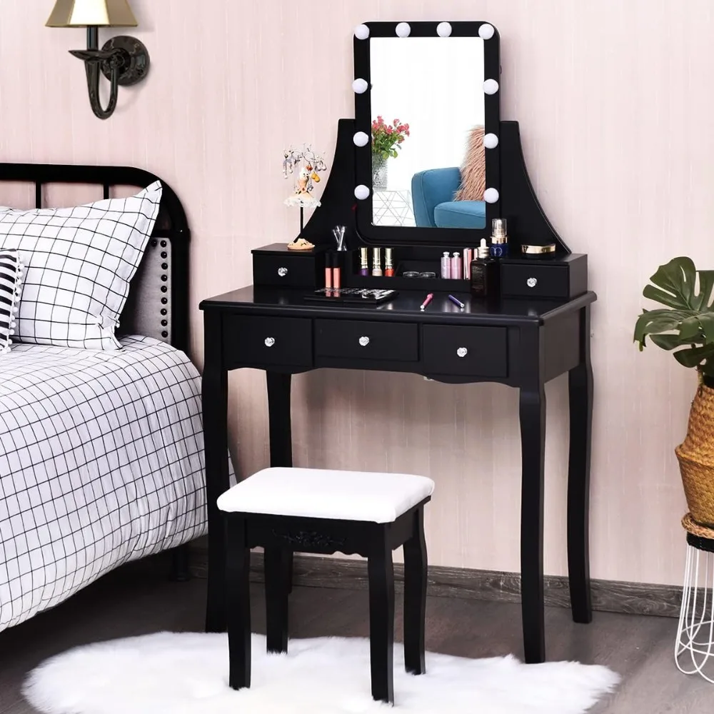 Dressing Table Set, Equipped with LED Lights, Lighting Mirror, Bench with Cushion and Drawer Bedroom Furniture