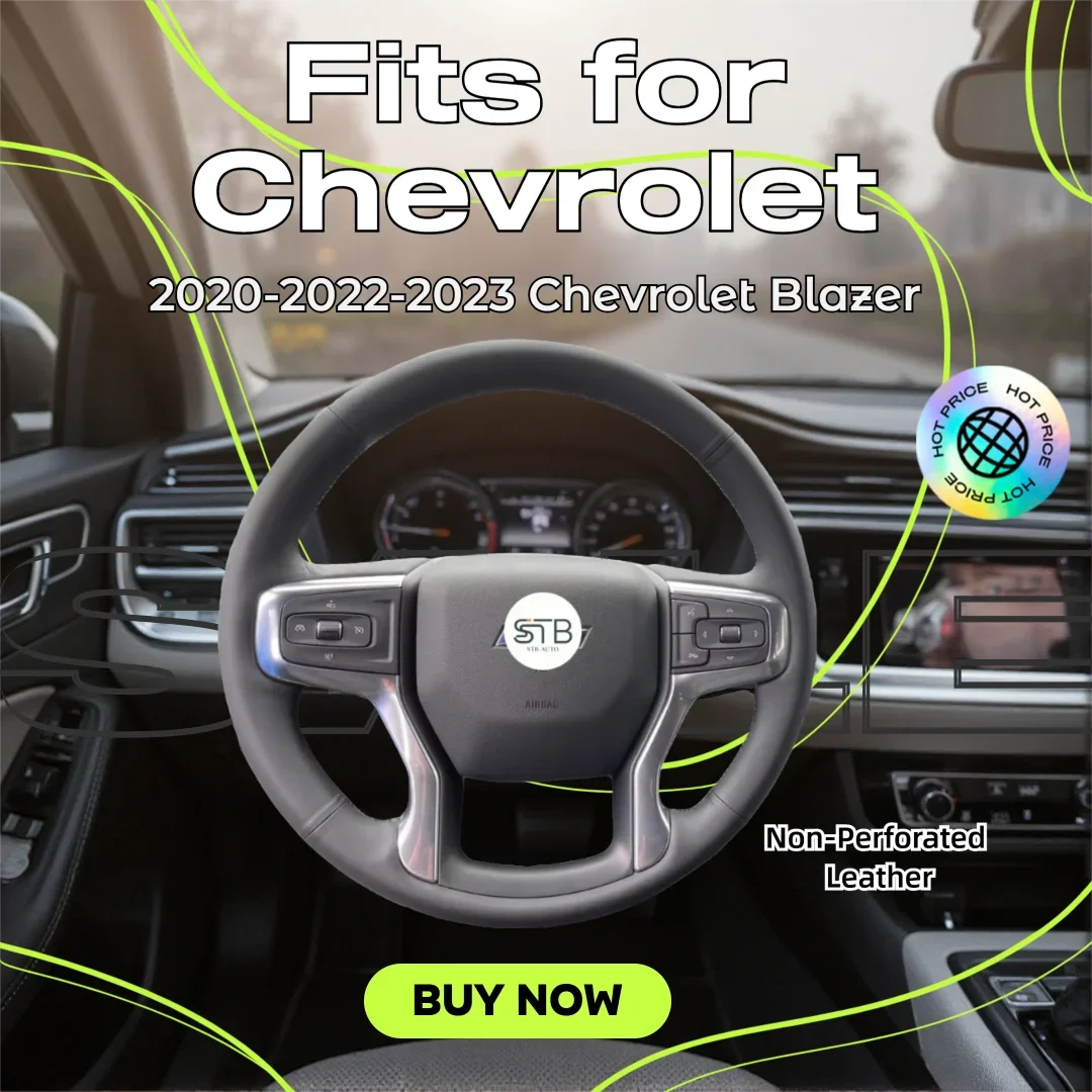 Hand‑Stitched Full Wrap Steering Wheel Cover, Non‑Punched Genuine Leather, Custom Fit for 2020‑2022‑2023 Chevrolet Blazer