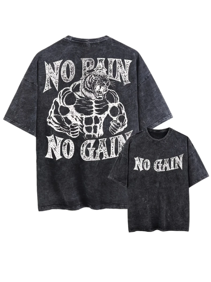 Men's Women Oversize Vintage No Pain No Gain Tiger Graphic Gym Tee  Washed T-Shirt Loose Fit Tops Streetwear Casual Short Sleeve