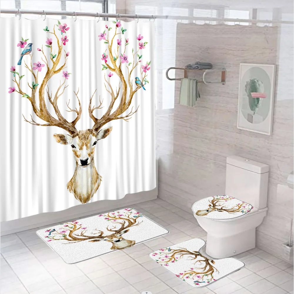 

Sika Deer Shower Curtain Set with Non-Slip Rug Toilet Lid Cover Bath Mat Watercolor Animals Plum Blossom Birds Bathroom Curtains