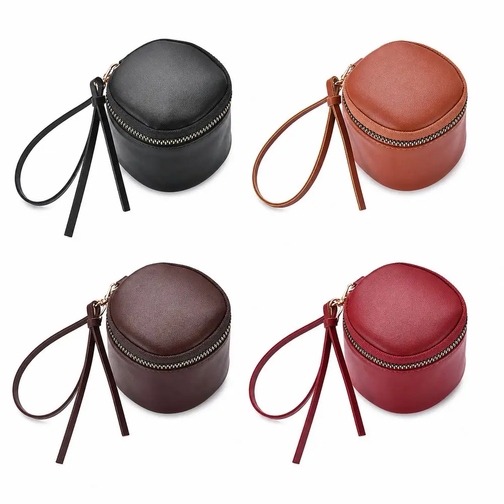 Vintage Leather Mini Coin Purse Zipper Closure Portable Earbuds Storage Pouch Round Shape Key Bag Small Item Storage