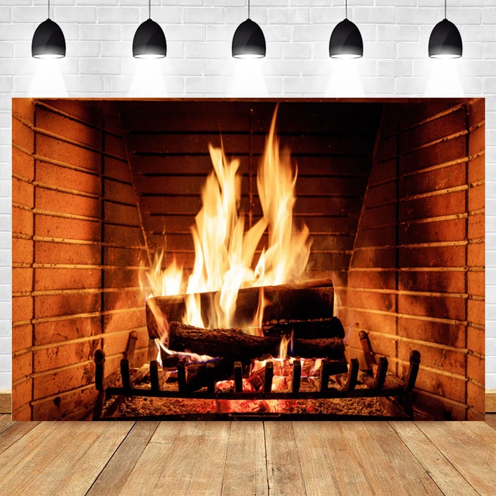 Winter Burning Firewoods Backdrop Christmas Brick Wall Fireplace Flame Wood Baby Portrait Photography Background Photo Studio