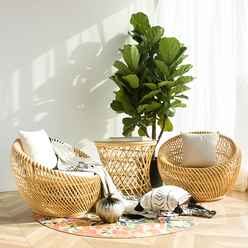 Balcony Leisure Internet celebrity rattan chair Natural rattan three-piece set Small tea table combination Home outdoor courtyar
