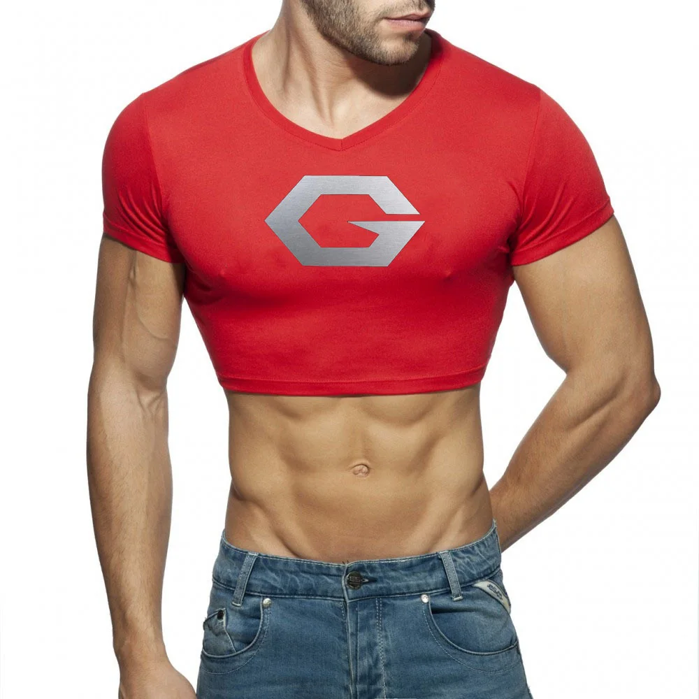 Mens Male Club Round Neck T-Shirt Printing Crop Tops Summer Gym Running Sportswear Club Sexy Skinny Short Sleeve Cosplay Costume