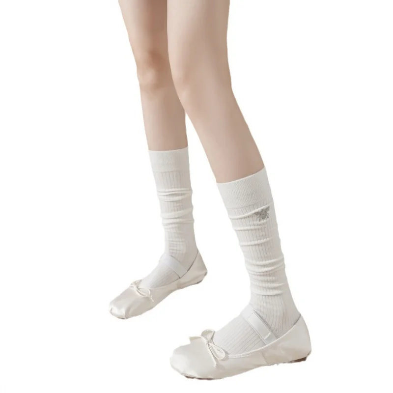 Slimming Cotton Socks for Women, Little Bee Embroidery, Micro Pressure, Long Tube, Autumn and Winter