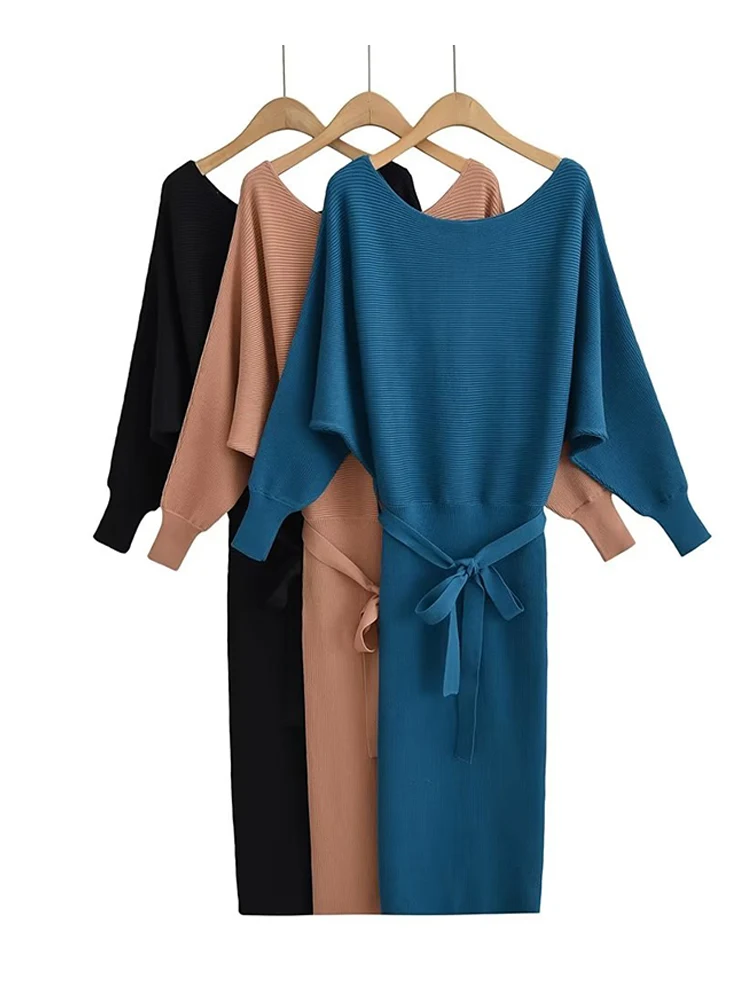 

Women Autumn Winter Knitted Stretchable Slim Dress Batwing Sleeve Loose Evening Midi Dresses With Belt