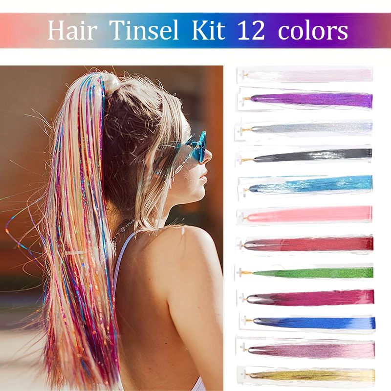 Hair Tinsel Kit 47 Inch 12 Colors Synthetic Fiber Hair Extensions Colorful Shiny Strands for Festival Parties Daily Styling