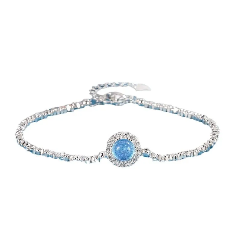 Real Money Korean 925 Sterling Silver Crystal Blue Stone Charm Chain Bracelet For Women Girls Homme Wedding Party Jewelry Gift