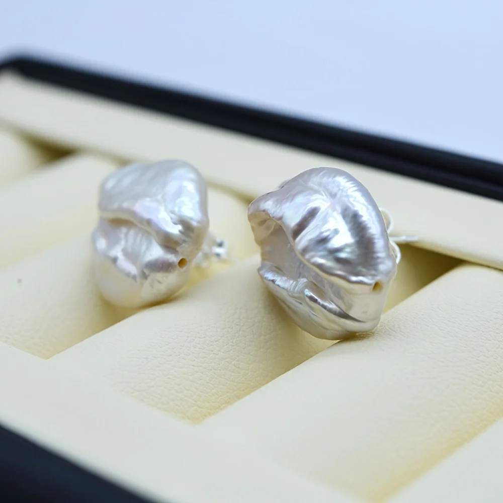 Ladies Pearl Earrings Natural Oversized Pearl Silver Stud Earrings White Baroque Pearl 925 Silver Girl Stud Earrings Free Shippi