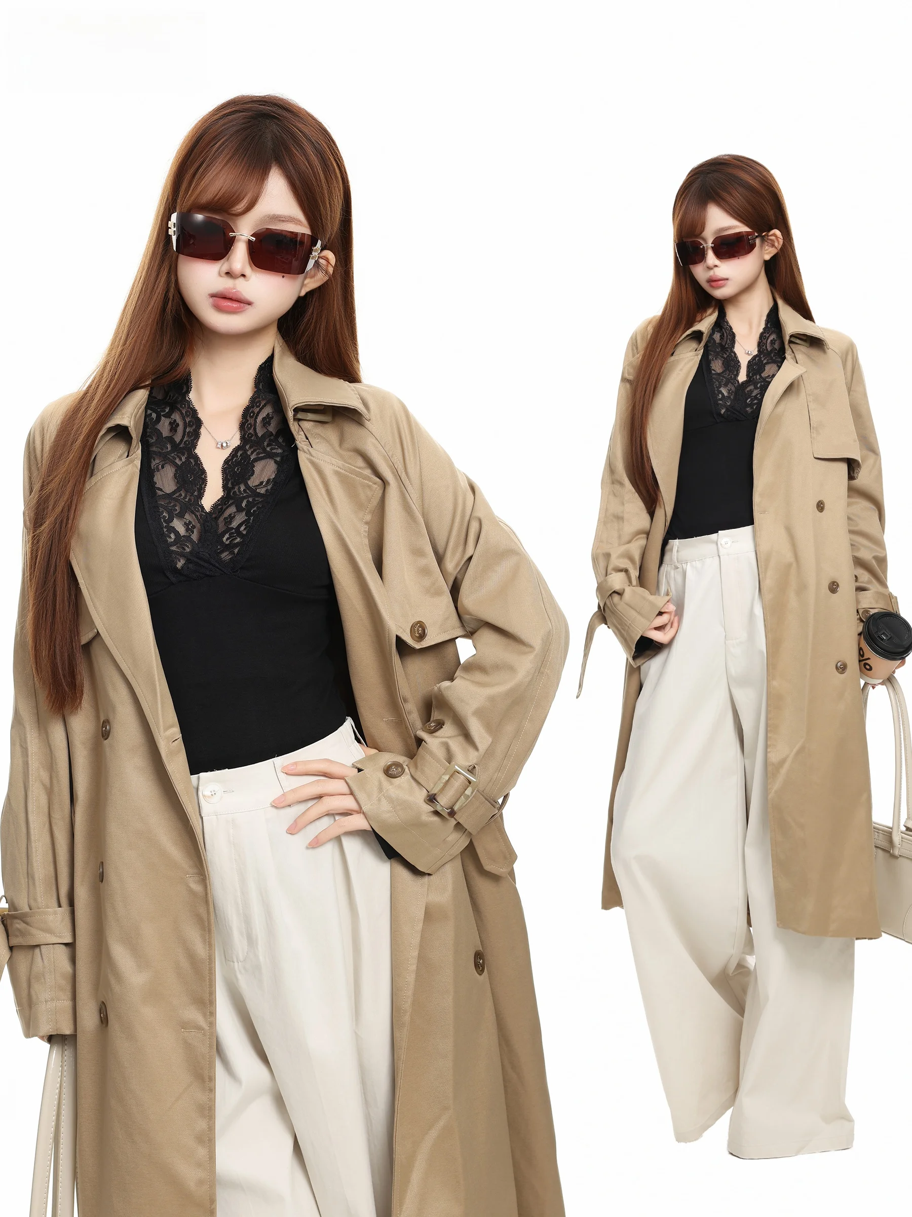 Elegant British Style Women's Double-Breasted Coat Waist-Cinching Midi Length Autumn Commute Atmosphere Outerwear