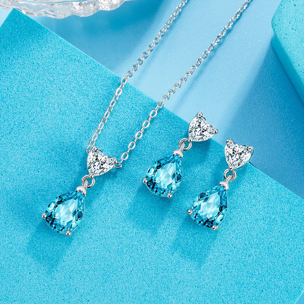 1.9ct Pear Cut Natural Blue Topaz 925 Sterling Silver Water Drop Jewelry Set Necklace+Earring for Woman Heart Gemstone Jewelry