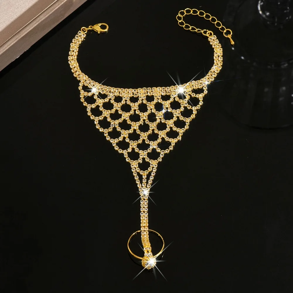 Rhinestone Tassel Ethnic Dance Accessory Adjustable Simple Golden Finger Bracelet Durable Multi Layer Hollow Geometric Pendant