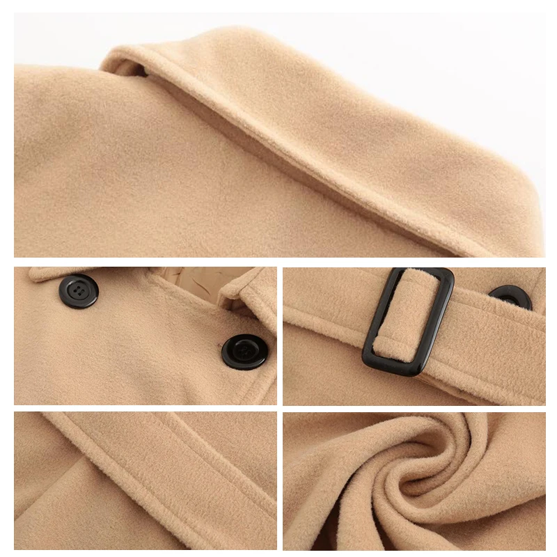 Women Vintage Double Breasted Coats Classic Long Trench With Belt Office Lady Female Autumn Winter Woolen Tops Slim Overcoat