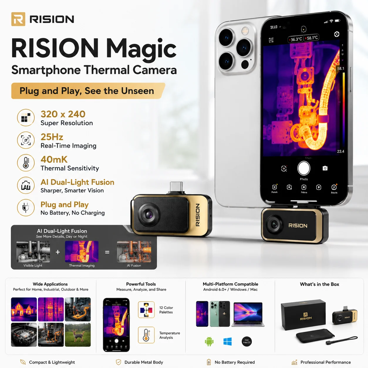 RISION Magic Smartphone Thermal Camera 320x240 25Hz Infrared Imager USB C for iOS Android Windows Home HVAC Inspection Tool