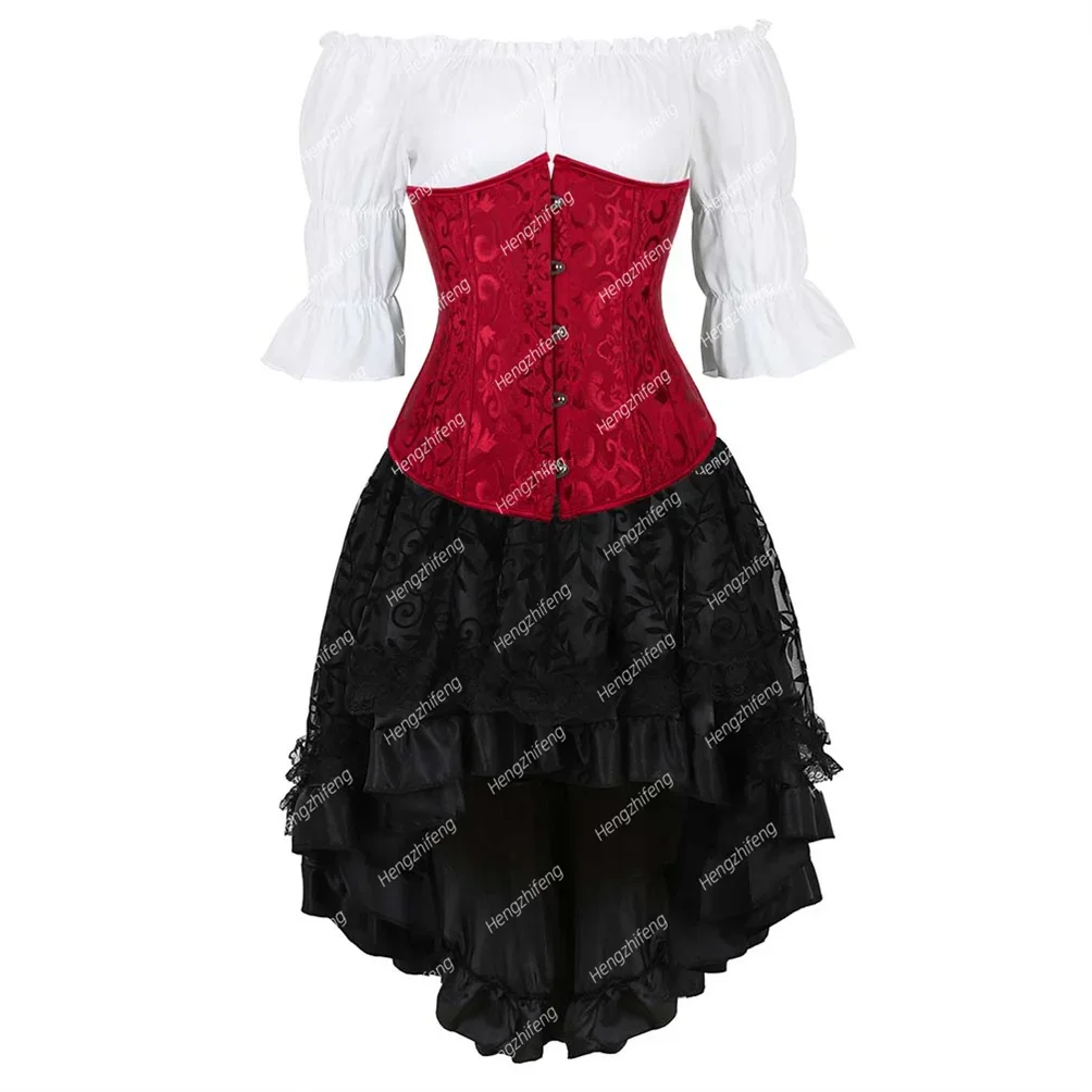 Corset Dress and Blouse 3 Piece Set Vintage Burlesque Bustier Underbust Top Plus Size Graduation Party Costumes Medieval Outfits
