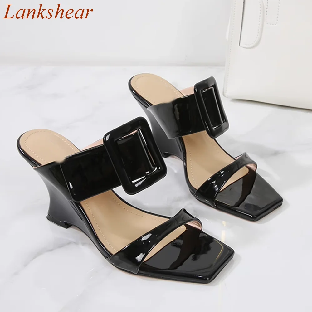 Square Toe Square Buckle Women Slippers Solid Wedges Fashion Summer Niche Design Straight Strap  Women Shoes 2024 New Arrivals