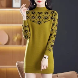 Women Jumper Wool Knitted Loose Sweater Winter Long Sleeve Print Half High Collar Thick Soft Comfort Knitwear Jumper Female Tops