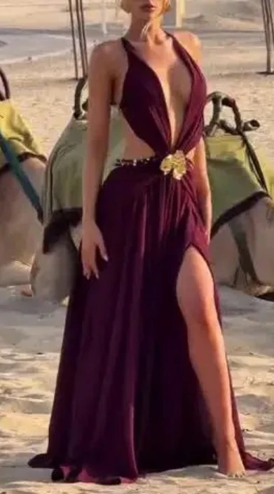 Abito estivo con decorazione floreale in metallo, vita cava, scollo a V profondo, abito sexy senza schienale con spacco, abito da festa da donna