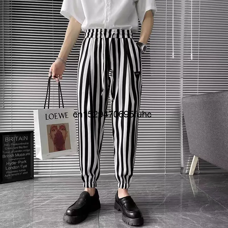 Striped Casual Trousers Men\'s Thin Cropped Pants Trendy Brand 2024 New Ruffian Handsome Ice Silk Men\'s Harun Pants All-match