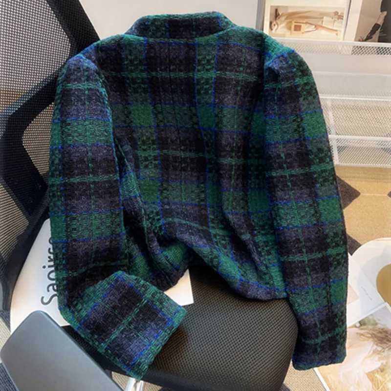 High Quality Green Plaid Tweed Jacket For Women Fall Winter French Retro Ladies Western Woolen Short Coats Fashion Outerwear