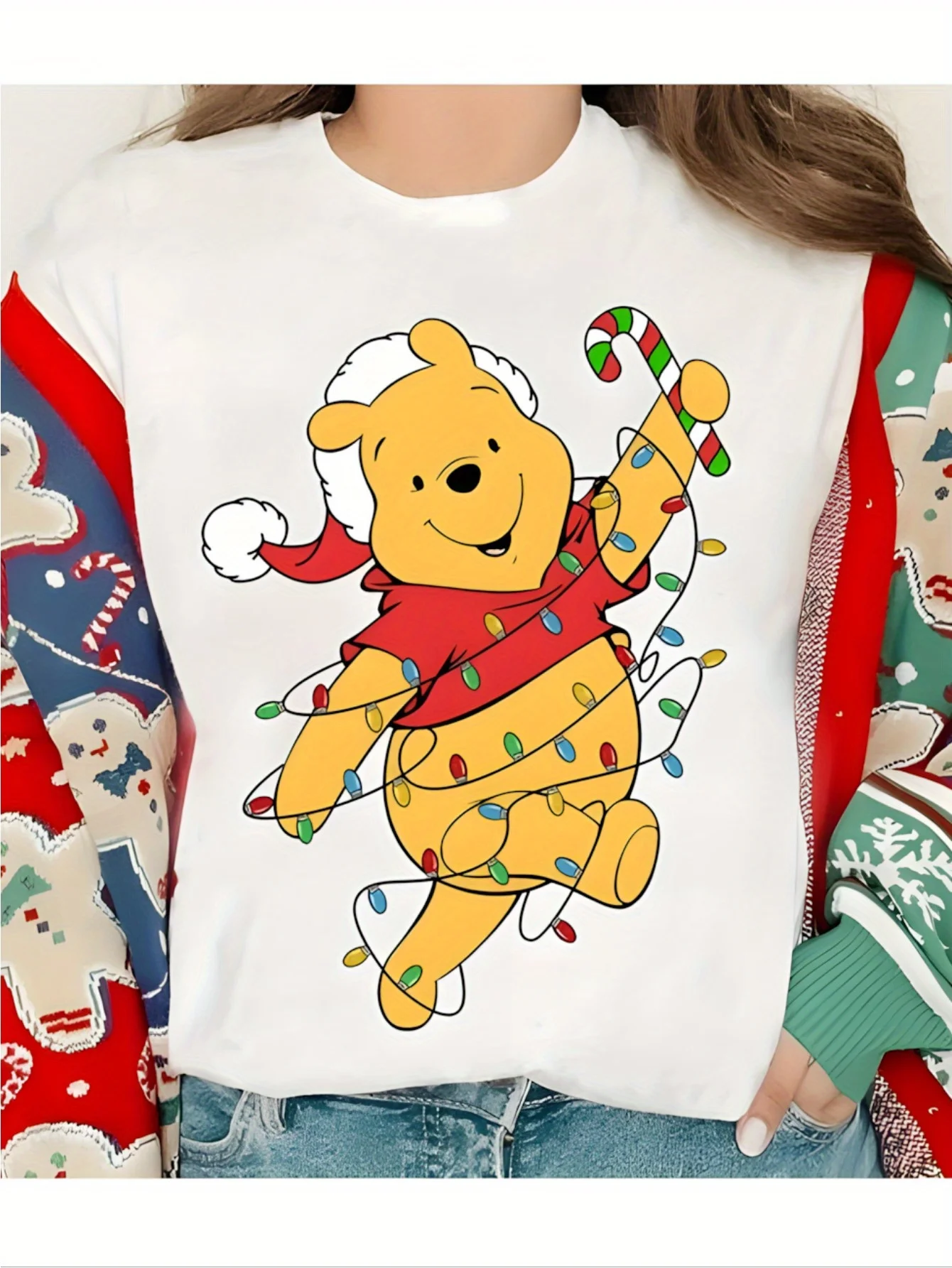

Winnie Pohor Christmas Pattern T-shirt - Holiday Design with Lights and Candy, Short Sleeve, Casual