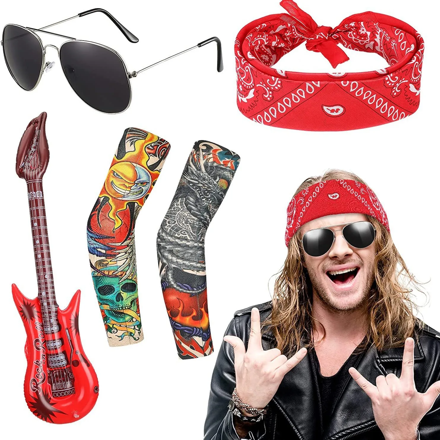 7 Pcs 70s 80s Rocker Costume Heavy Metal Wig Men Women Hippie Wig with Bandana Sunglasses Punk Gloves Tattoo Sleeves for 80s Pun