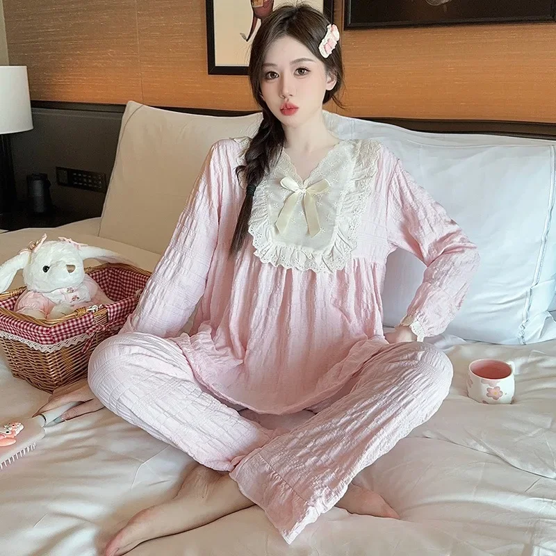 5XL 110kg Plus Size Korean Sweet Loungewear Ins Loose Pajamas set Women\'s Autumn Princess Style Long Sleeves Shirt snd Trousers