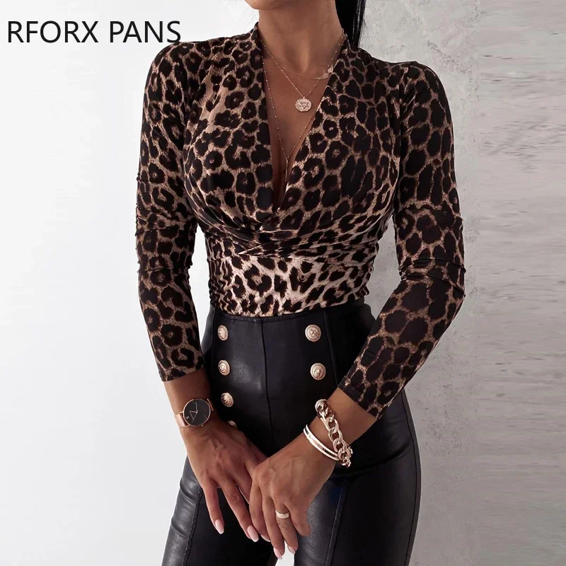 Women Cheetah Print V-neck Long Sleeve Top Blouse Womens Tops and Blouses